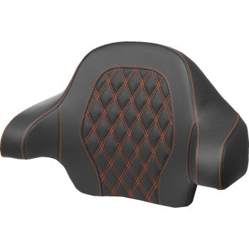 SADDLEMEN Tour-Pak® backrest pad with orange lattice stitch for Harley FL models 2014-2024, featuring plush padding and stylish design.