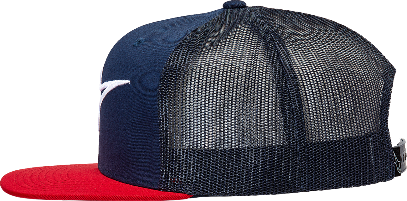 Bill's Exhausts Alpinstars Corp Trucker Hat in navy and red, one size, featuring a classic mesh back and embroidered front design.