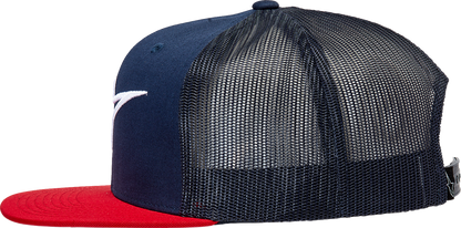 Bill's Exhausts Alpinstars Corp Trucker Hat in navy and red, one size, featuring a classic mesh back and embroidered front design.