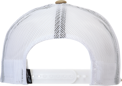 Alpinestars Bolt Trucker Hat in sand and white with mesh back and embroidered logo, adjustable one size fits most.
