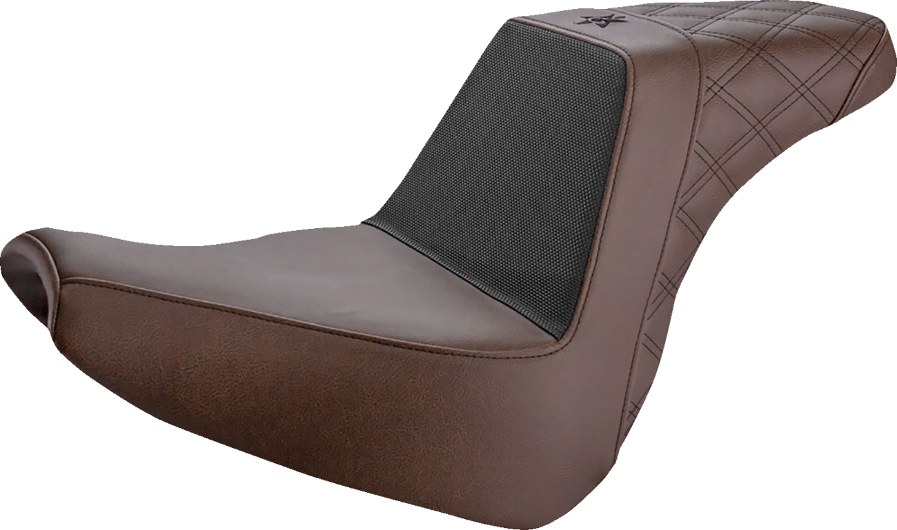 SADDLEMEN Unknown Industries front seat with carbon fiber and black gripper lumbar, rear lattice stitch, for FXBR 2018-2020 motorcycles.