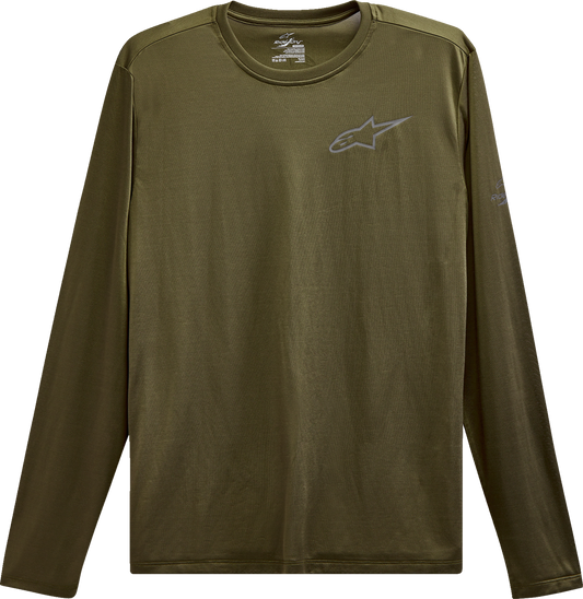 Alpinestars Pursue Performance long-sleeve T-shirt in military green, large size, with logo detail on front, casual athletic style.