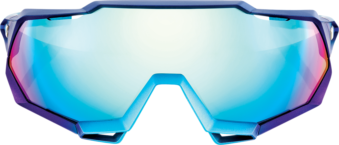 Bill's Exhausts Speedtrap sunglasses with metallic blue frame and blue mirror lenses, modern sporty eyewear.