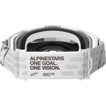 Alpinestars Vision 8 Goggle in Corp White with Silver Mirror lens, featuring a sleek design and adjustable strap for motorcycling.