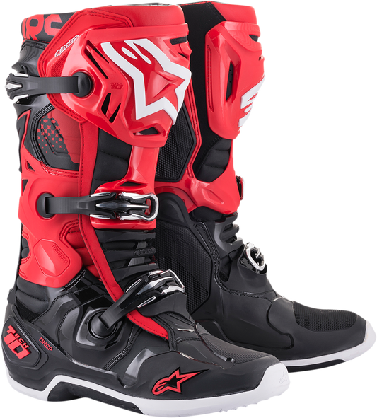 Alpinestars Tech 10 motorcycle boots in black and red with protective design, US size 8, shown from side view.