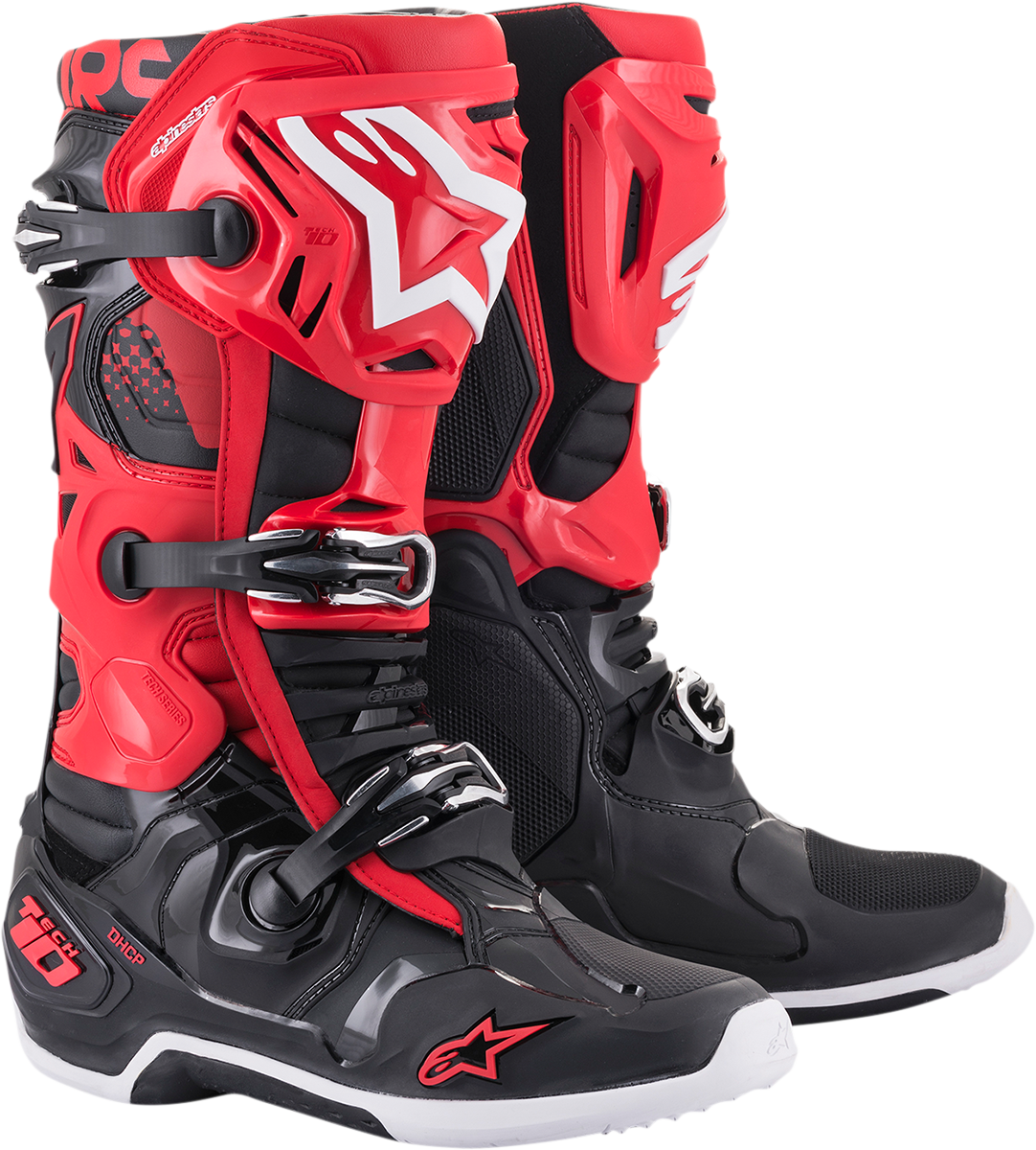 Alpinestars Tech 10 motorcycle boots in black and red with sturdy design, US size 13, featuring protective gear and ankle support.
