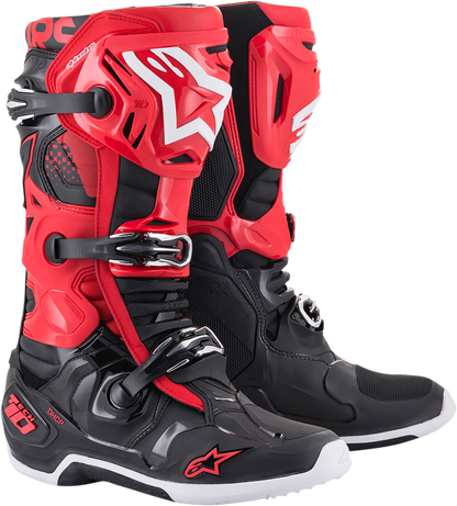 Alpinestars Tech 10 motorcycle boots in black and red with sturdy design, US size 13, featuring protective gear and ankle support.