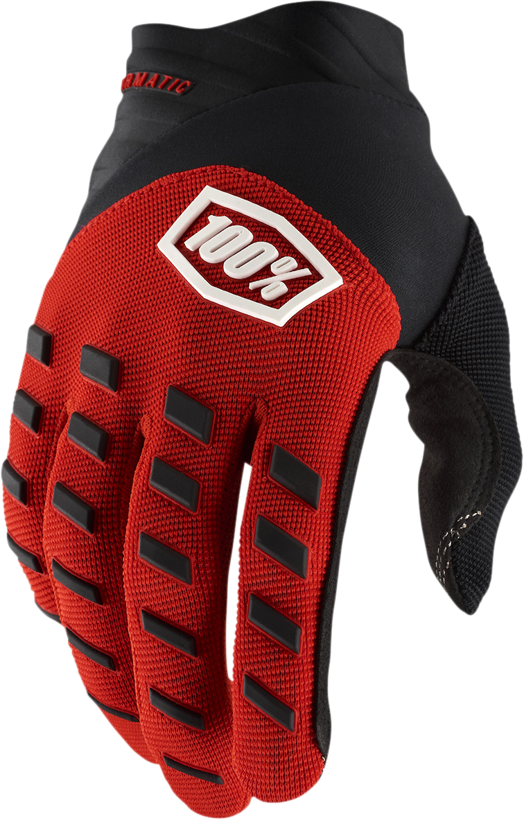 Red and black Bill's Exhausts 100% Airmatic gloves in large size, showing the textured fabric and secure wrist closure.