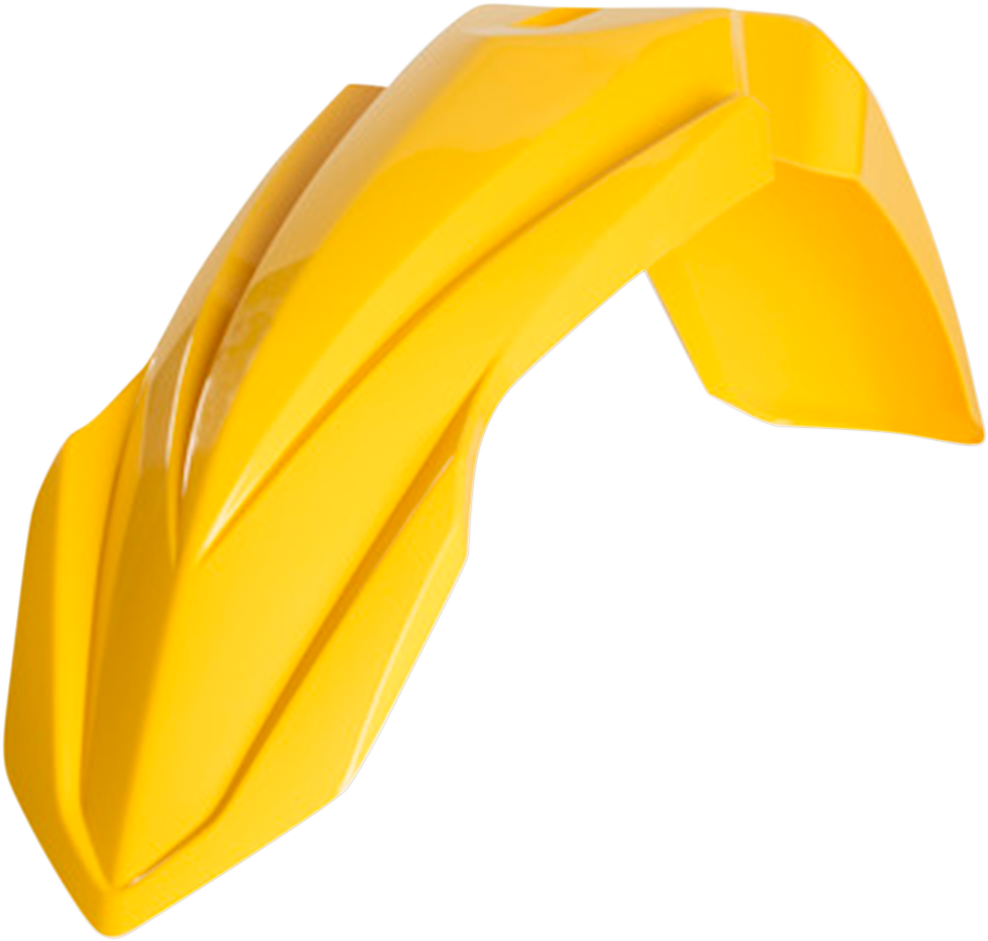 Yellow Acerbis front fender for motorcycle, body part with mounting points and Acerbis branding, designed for off-road or motocross bikes.