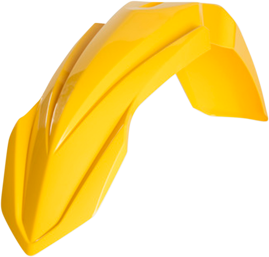 Yellow Acerbis front fender for motorcycle, body part with mounting points and Acerbis branding, designed for off-road or motocross bikes.