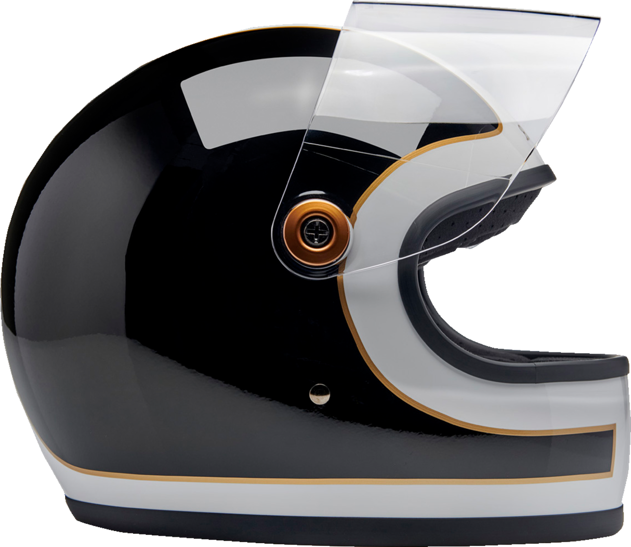 BILTWELL Gringo S helmet in gloss white and black tracker design, 2XL size, featuring a sleek motorcycle helmet style.
