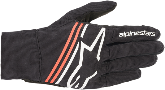 Alpinestars Reef Gloves in black, white, and fluo red, medium size, featuring protective knuckles and breathable material.
