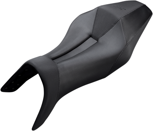 Black Saddlemens Gripper Performance Seat with faux carbon fiber for Yamaha FZ09/MT09 motorcycle, featuring sleek, textured surface.