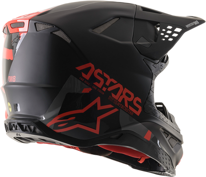 Alpinestars Supertech M8 helmet in black, red, and gloss finish with MIPS® technology, size 2XL, shown from the side.