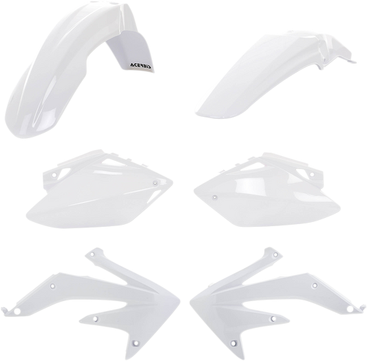 A white Acerbis standard replacement body kit for motorcycles, featuring sleek body panels designed for easy installation.
