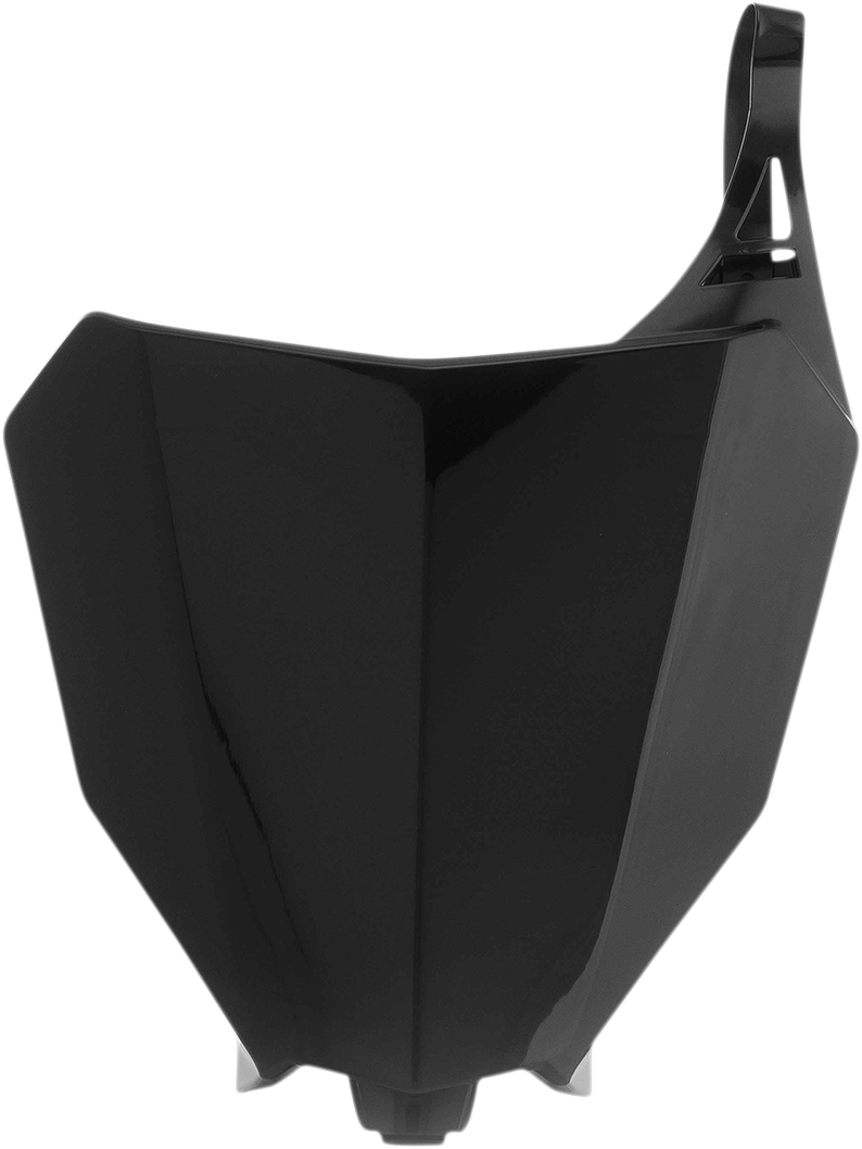 A black ACERBIS front number plate mounted on a motorcycle body, featuring sleek design and branding details.