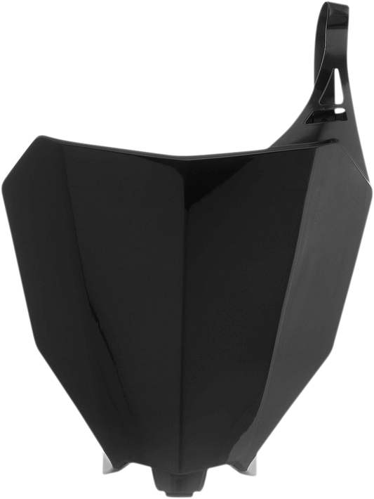 A black ACERBIS front number plate mounted on a motorcycle body, featuring sleek design and branding details.