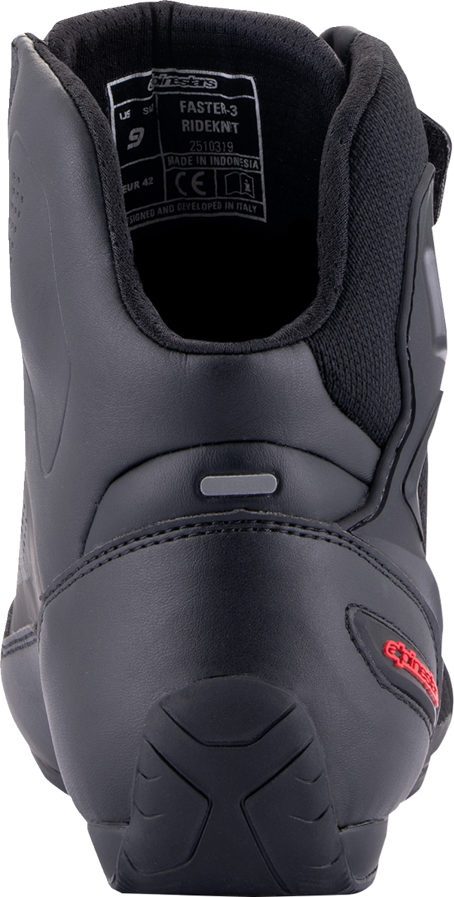 Alpinestars Faster-3 Rideknit® shoes in black, gray, and red with US 12.5 size, featuring sporty design and breathable knit material.