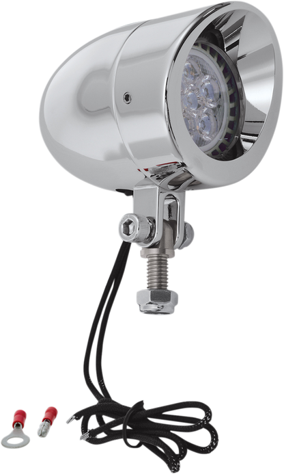 Bill's Exhausts SHOW CHROME LED Mini Driving Light in chrome finish, compact engine-mounted LED light with 16-104LEDs.