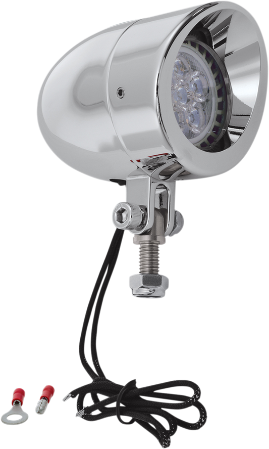 Bill's Exhausts SHOW CHROME LED Mini Driving Light in chrome finish, compact engine-mounted LED light with 16-104LEDs.