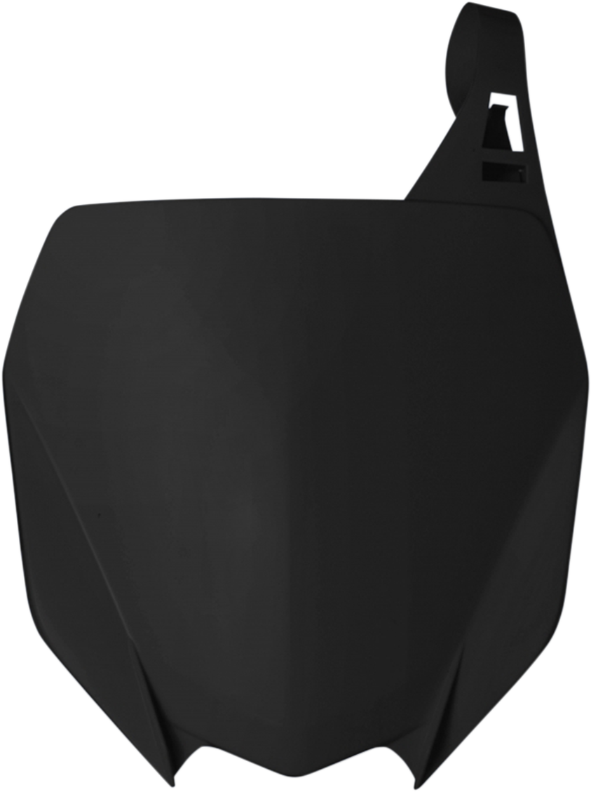 A black Acerbis front number plate mounted on a motorcycle body, with sleek design and branding details visible.