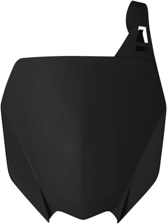 A black Acerbis front number plate mounted on a motorcycle body, with sleek design and branding details visible.