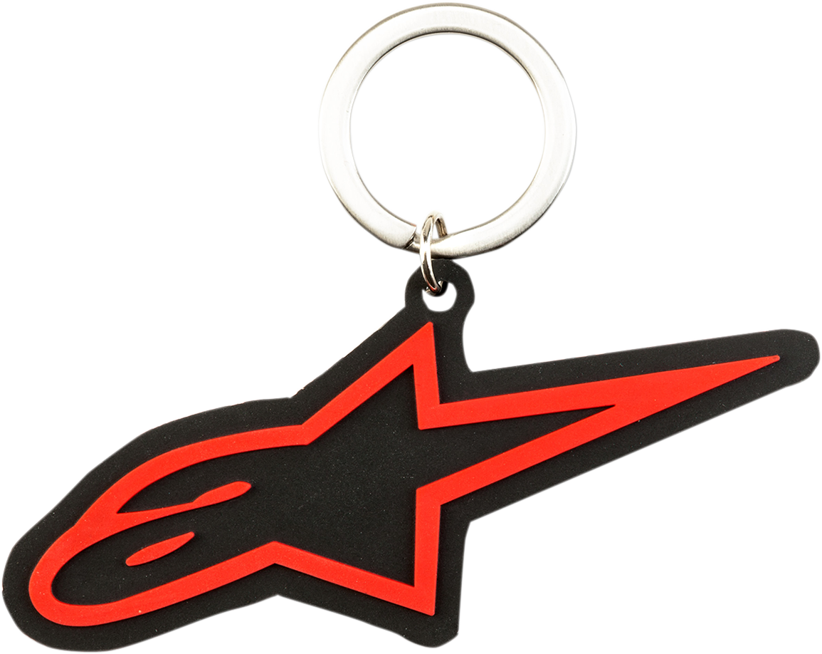 Alpinestars Ageless red key fob with black logo, compact design, and metal keyring attachment for easy use.