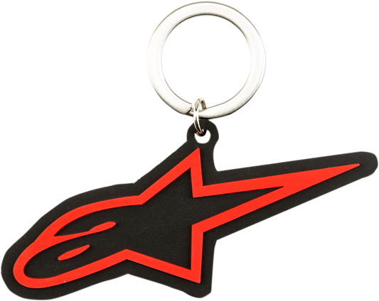 Alpinestars Ageless red key fob with black logo, compact design, and metal keyring attachment for easy use.