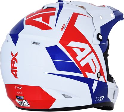 Red, white, and blue AFX FX-17 helmet in XL size with Aced design, featuring a sleek helmet shape and clear visor.