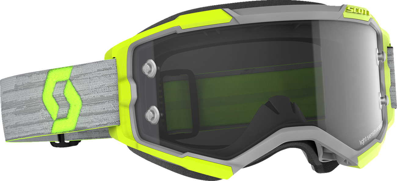 Scott Fury Light Sensitive Goggles in gray and yellow, featuring adjustable straps and sleek design for motorcycle riding.