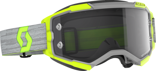 Scott Fury Light Sensitive Goggles in gray and yellow, featuring adjustable straps and sleek design for motorcycle riding.