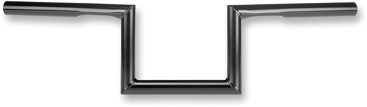 Black Biltwell Zed handlebar for motorcycles, showcasing its sleek, curved design and sturdy construction.