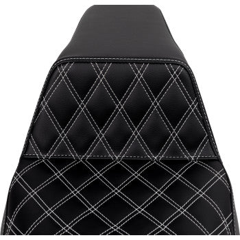 White Stitch SADDLEMEN Step-Up Front Seat with lattice stitching for FLH/FLT models 2008-2023, designed by Bill's Exhausts.