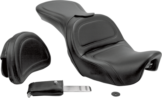 Bill's Exhausts SADDLEMEN Explorer seat with stitched black leather, backrest, designed for Dyna motorcycles.