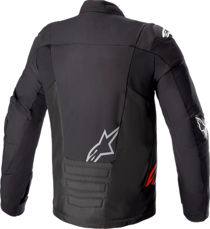 Alpinestars SMX waterproof motorcycle jacket in black, gray, and red, 3XL size, featuring sturdy material and reflective accents.