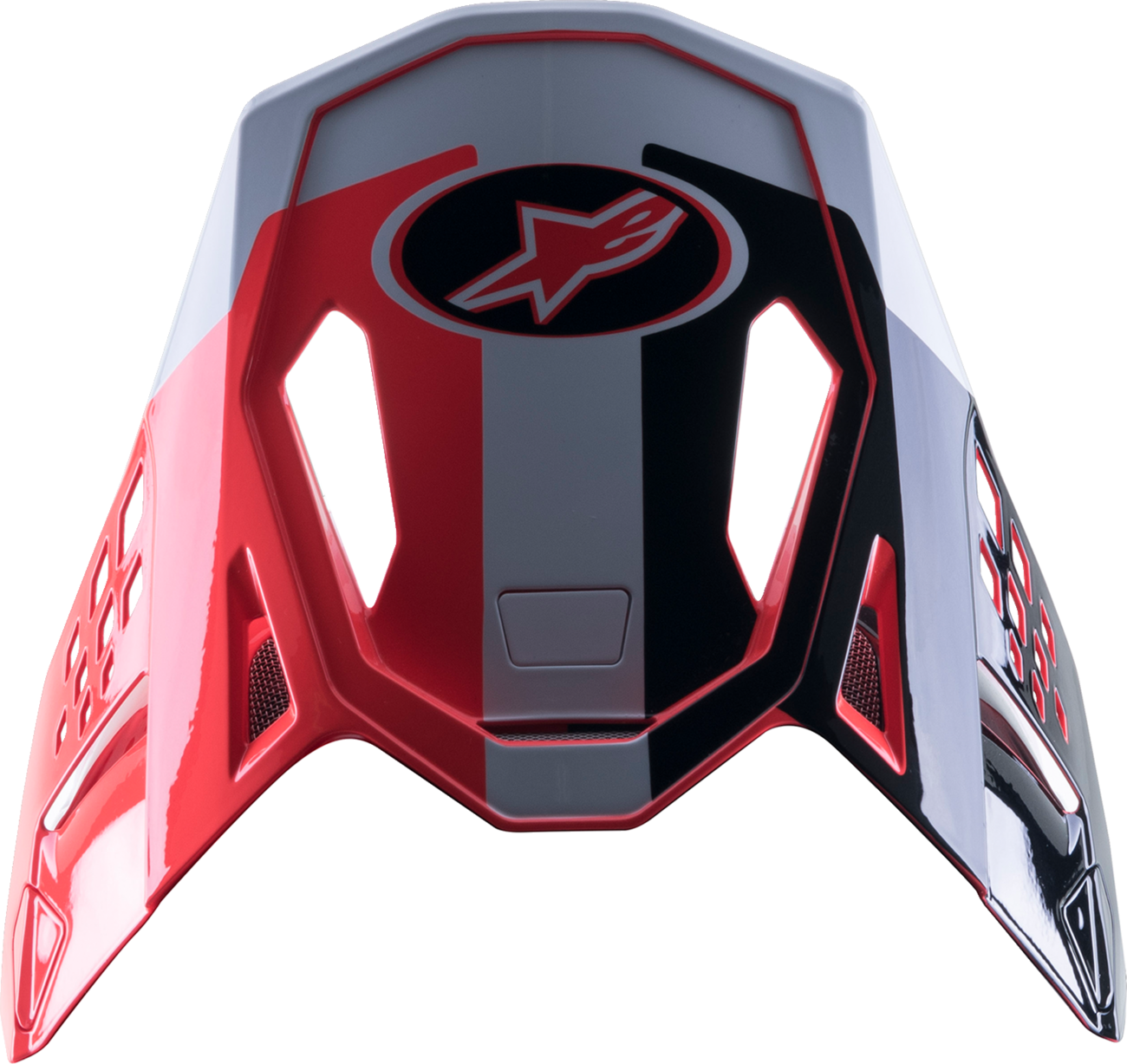 Alpinestars Supertech M10 helmet visor in black, red, and white with clear viewing area, compatible with racing helmets.