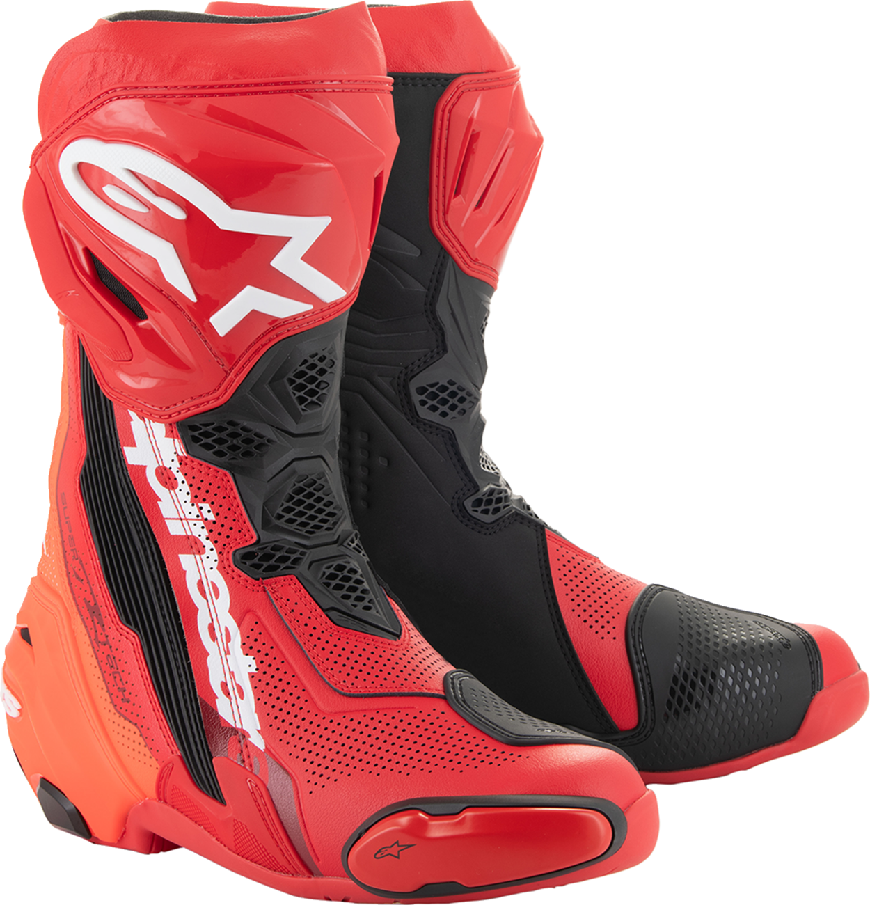 Alpinestars Supertech R Vented motorcycle racing boots in red, US 8, EU 42, with perforated ventilation and racing design.