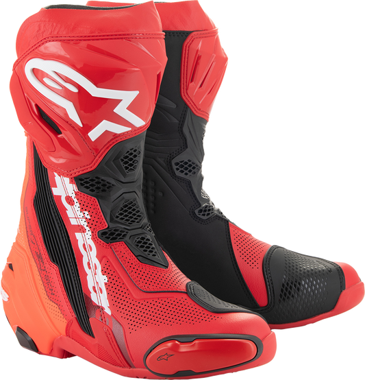 Alpinestars Supertech R Vented motorcycle boots in red, US 10.5 / EU 45, showing the high-performance design and venting features.