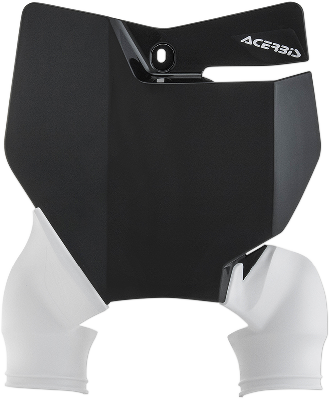 Acerbis Raptor black number plate for motorcycle, mounted on body, with bold white numbering and Acerbis branding.