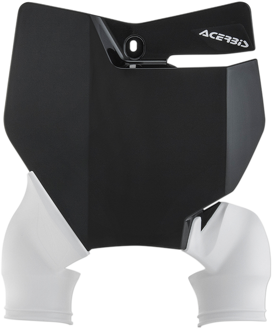 Acerbis Raptor black number plate for motorcycle, mounted on body, with bold white numbering and Acerbis branding.