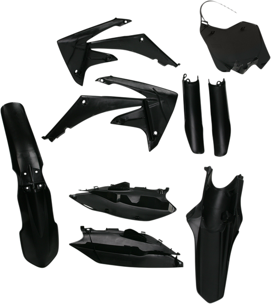 Black Acerbis full replacement body kit for motorcycles, featuring sleek design and durable construction.