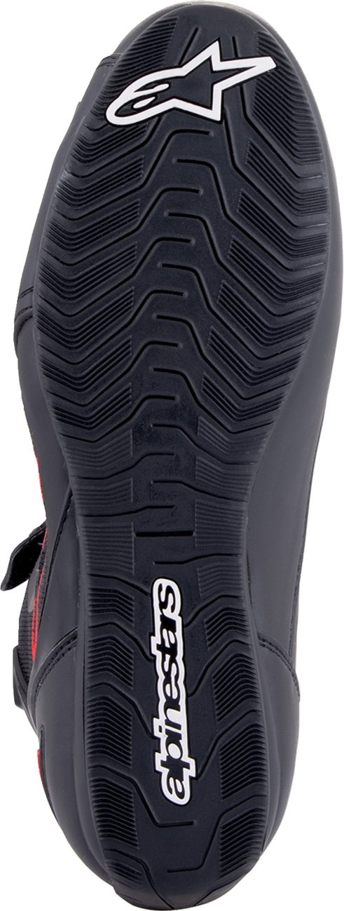 Alpinestars Faster-3 Rideknit® racing shoes in black, gray, and red with US 12.5 size, featuring sporty design and breathable material.