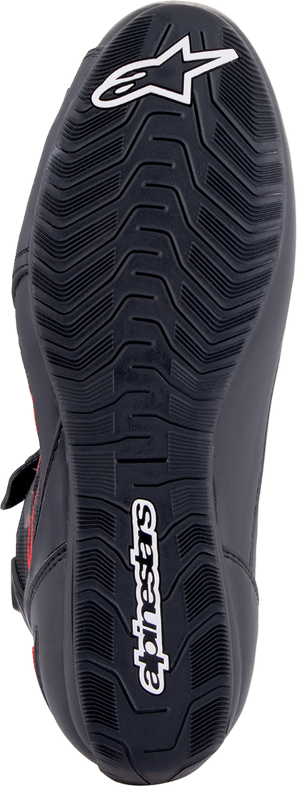 Alpinestars Faster-3 Rideknit® racing shoes in black, gray, and red with US 12.5 size, featuring sporty design and breathable material.