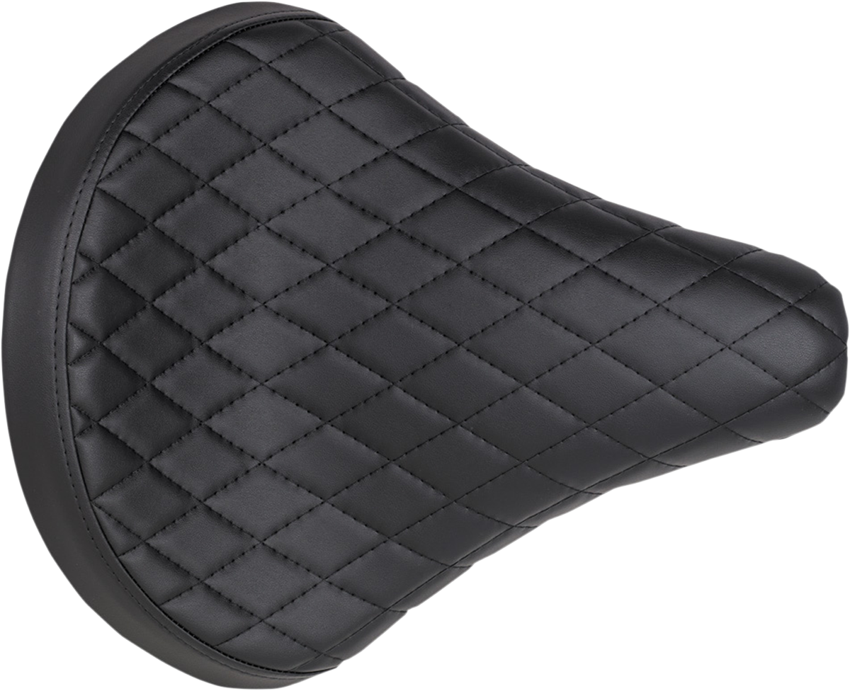 Black BILTWell Solo 2 motorcycle seat with diamond pattern, designed for comfort and style, from Bill's Exhausts.