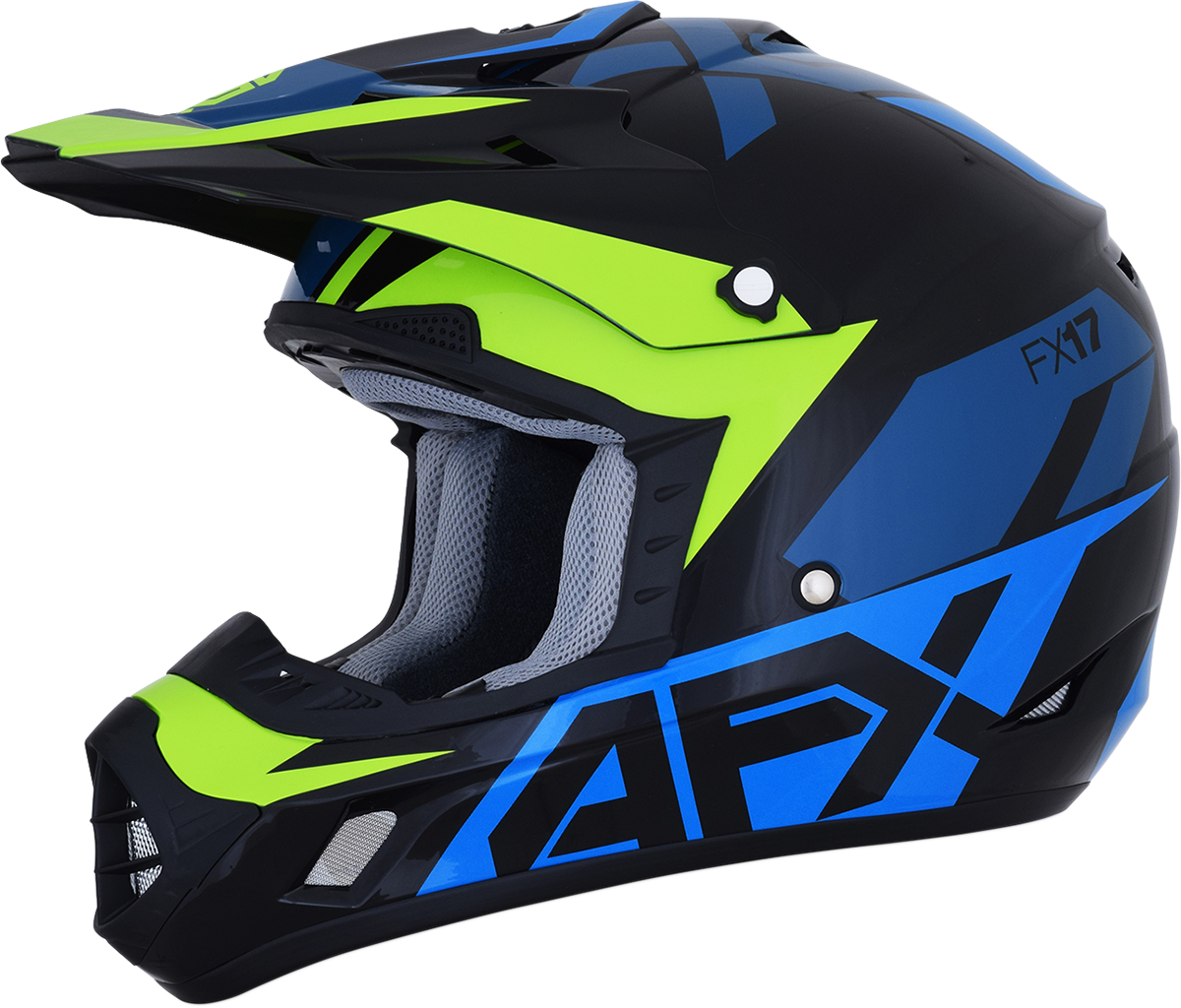 Blue and lime AFX FX-17 motorcycle helmet in large size with sleek design, featuring Aced graphics from Bill's Exhausts.