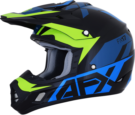 Blue and lime AFX FX-17 helmet in 2XL size, featuring sleek design and ventilation, from Bill's Exhausts.