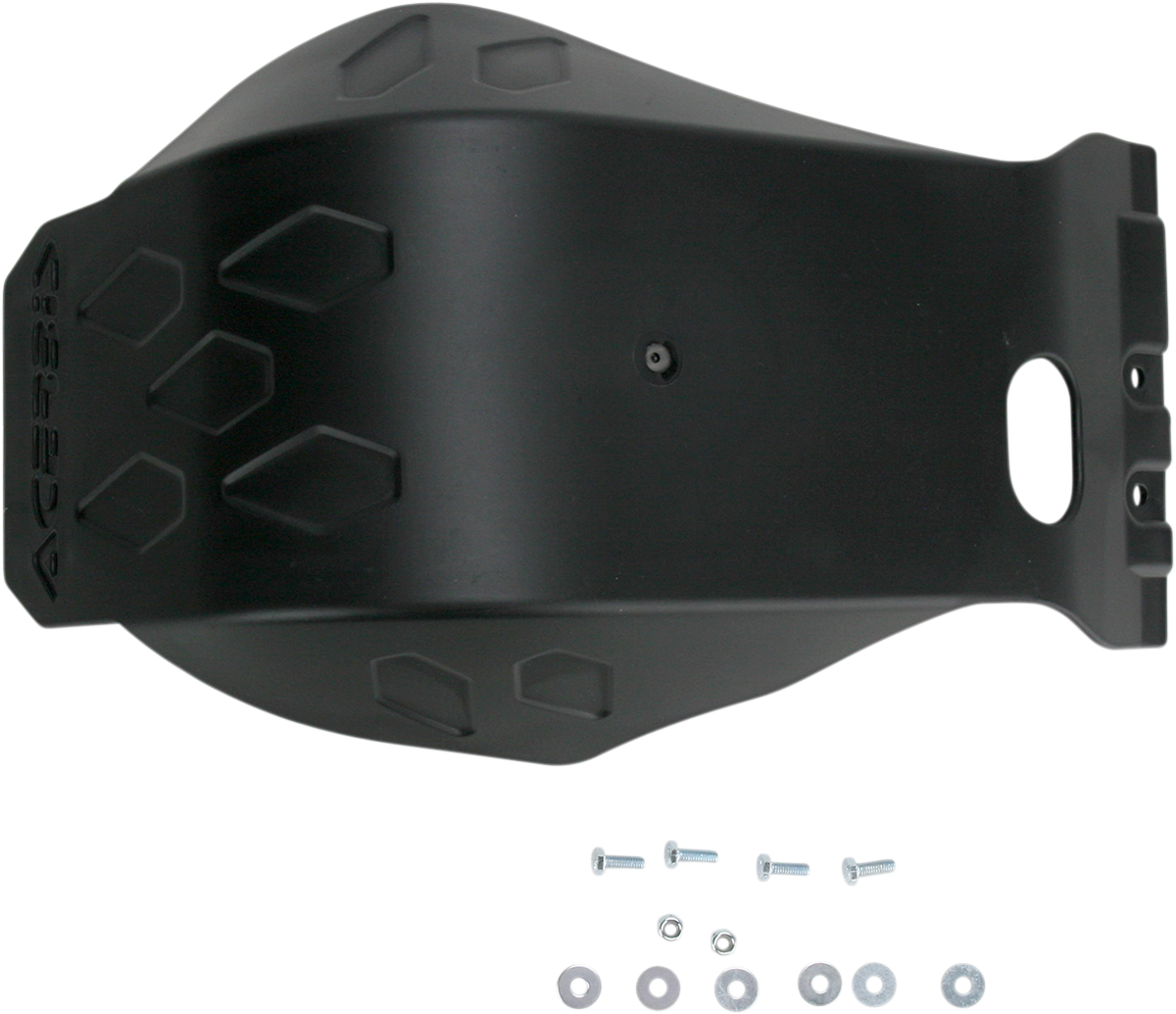 Black ACERBIS KTM skid plate body part designed to protect motorcycle undercarriage, featuring durable construction and precise fit.