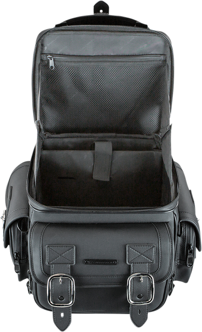 Black Saddlemens BR1800D Sissy Bar Bag on motorcycle seat, designed for secure storage and easy access.