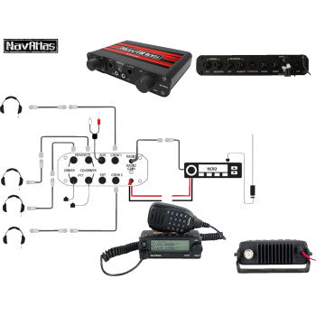 Bill's Exhausts NAVATLAS 4-Seat intercom and radio headset kit in black, showing headsets and communication devices for vehicle use.