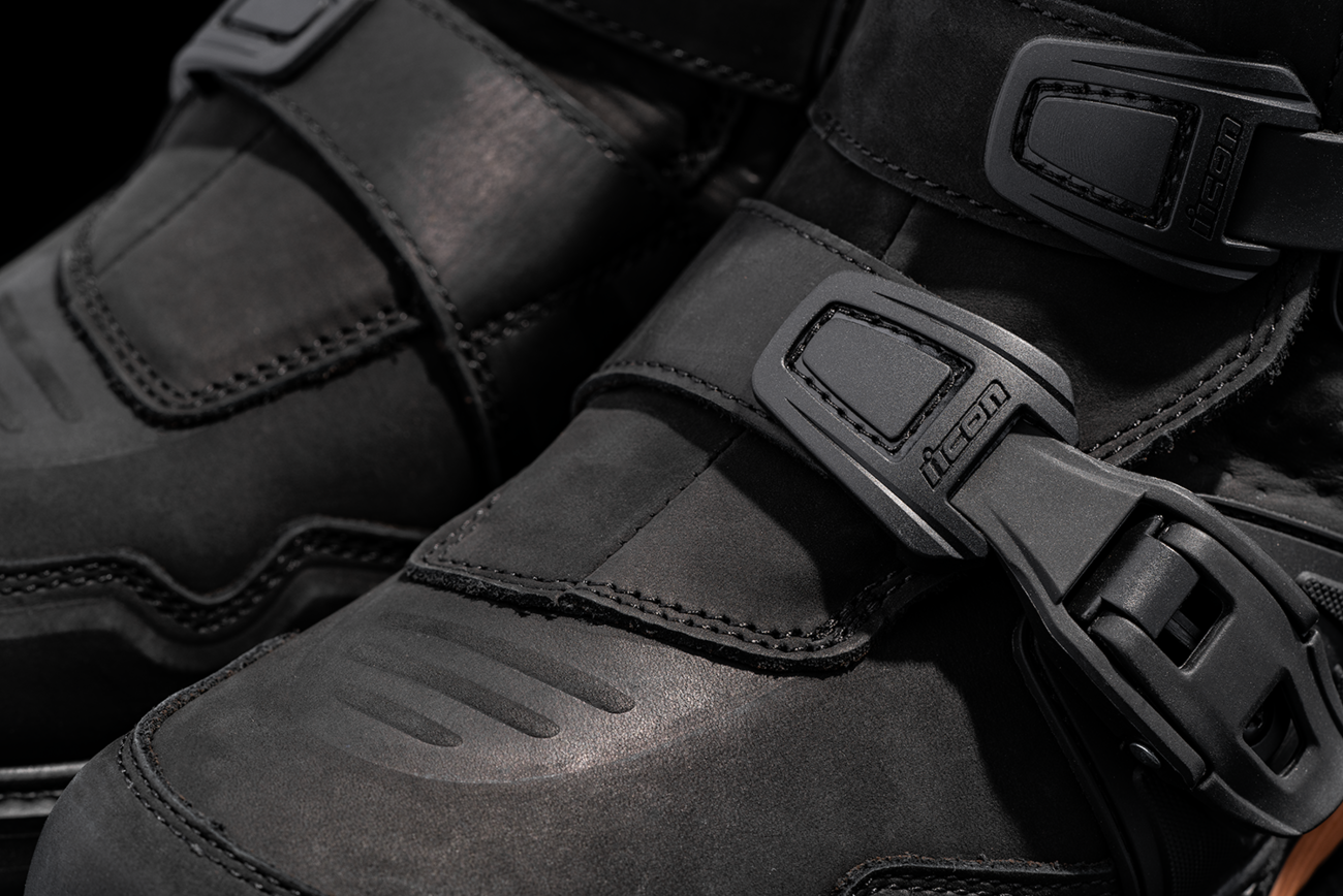 Black ICON Slabtown waterproof boots by Bill's Exhausts, size 7, featuring durable leather and practical slip-resistant sole.
